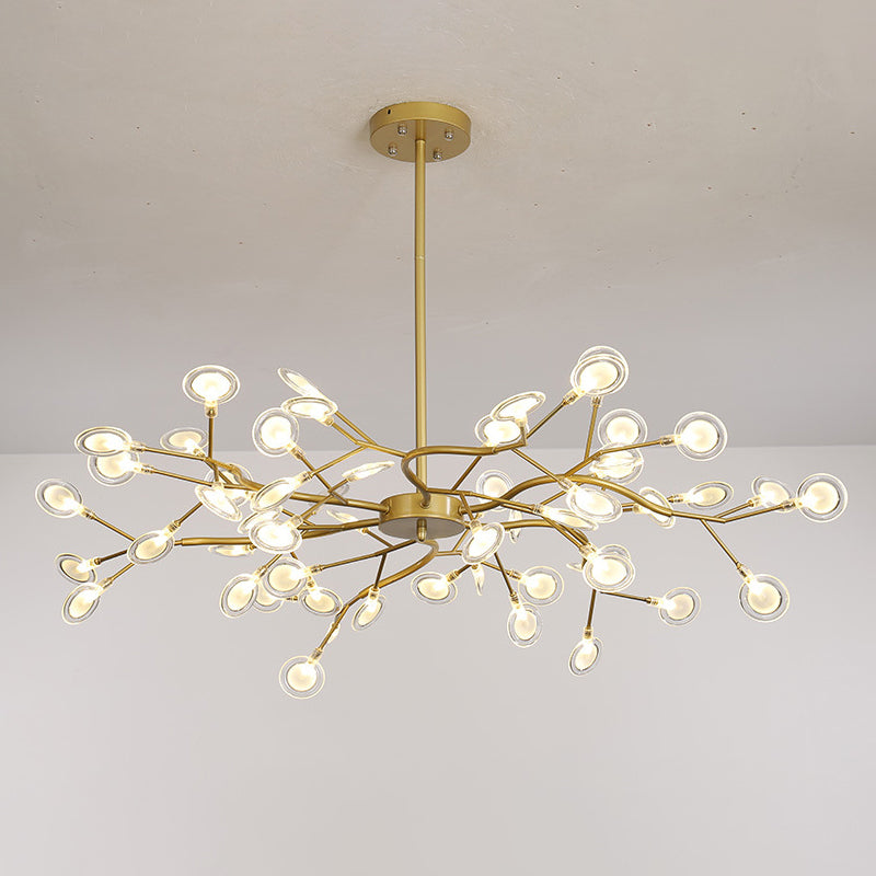 54-Light Unique Golden Linear Branch Firefly Chandelier for Dining Room, Adjustable Height