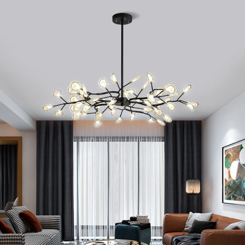 54-Light Unique Golden Linear Branch Firefly Chandelier for Dining Room, Adjustable Height