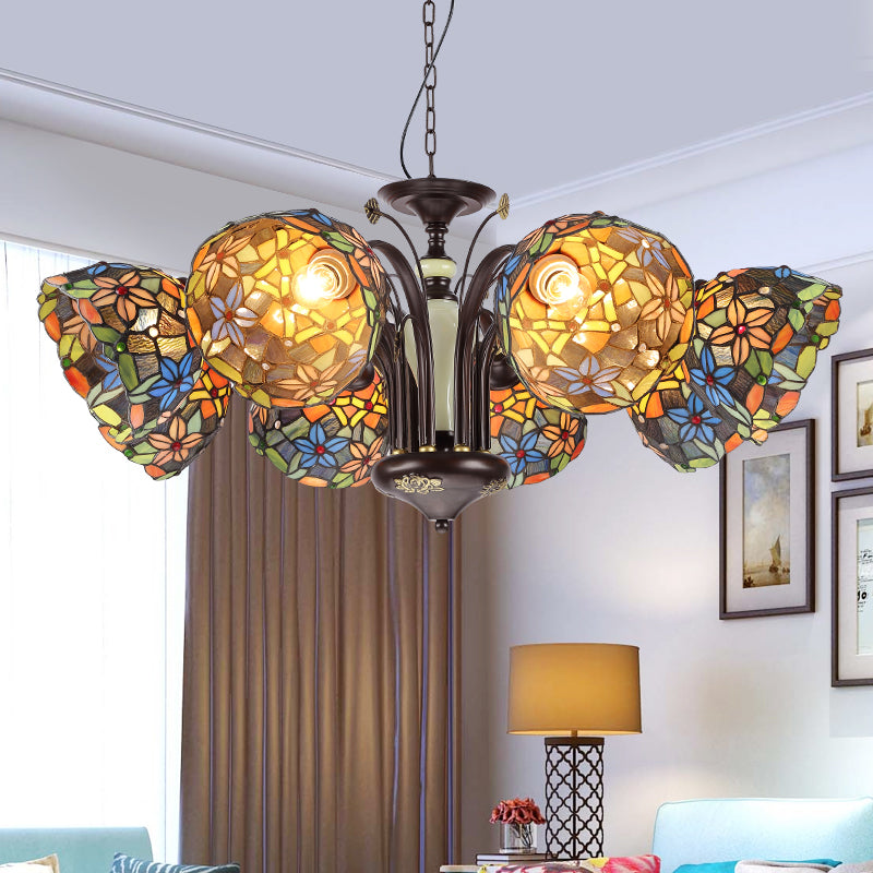 Flower Pendant Chandelier 3/6/8 Lights Cut Glass Victorian Hanging Lamp in Bronze for Living Room