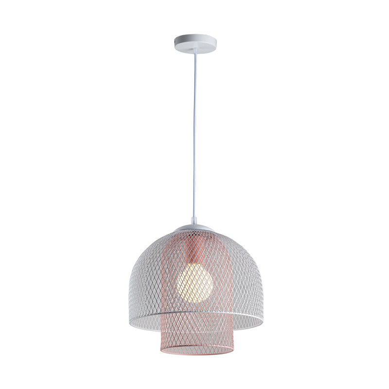Draadmesh hanger lamp eigentijds metallic 1 licht wit en roze/wit en blauw hangend licht