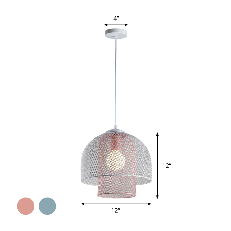 Draadmesh hanger lamp eigentijds metallic 1 licht wit en roze/wit en blauw hangend licht