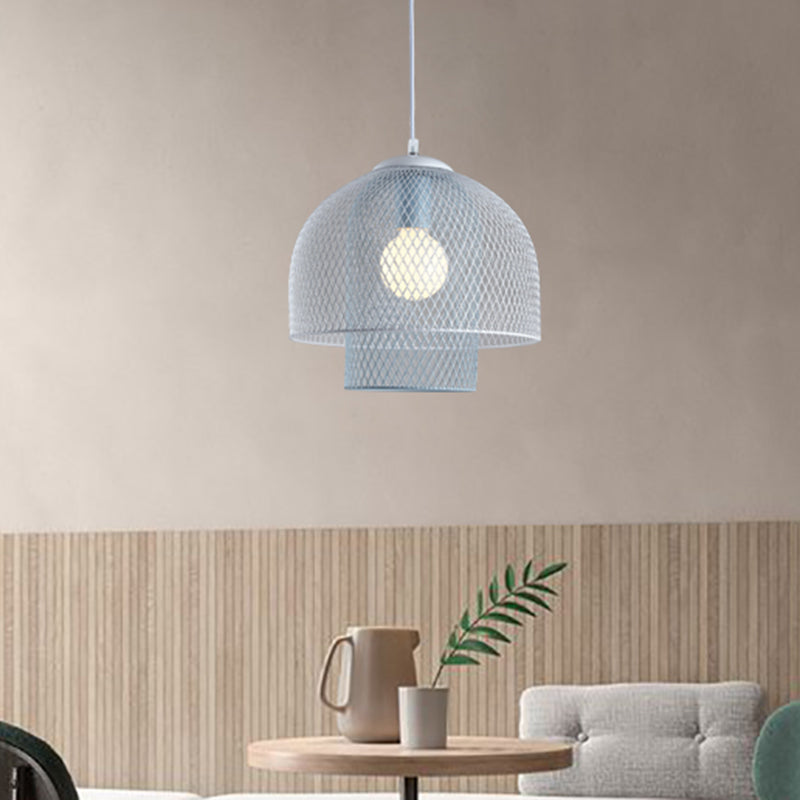 Draadmesh hanger lamp eigentijds metallic 1 licht wit en roze/wit en blauw hangend licht