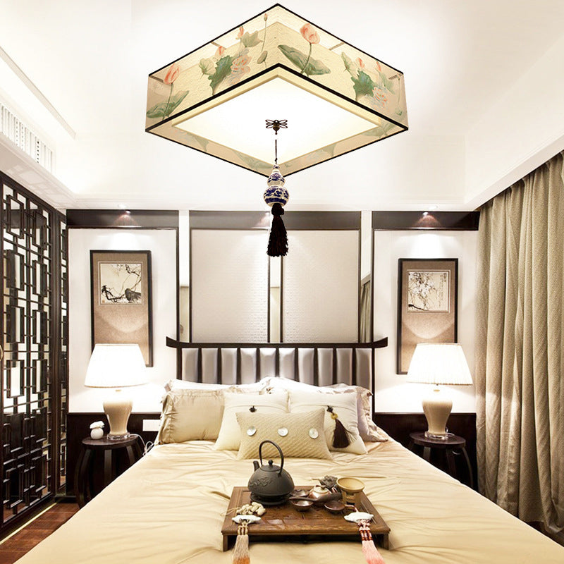 Traditional Classic Geometric Flush Mount Wrought Iron Indoor Ceiling Light with Fabric Shade