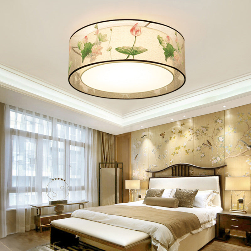 Traditional Classic Geometric Flush Mount Wrought Iron Indoor Ceiling Light with Fabric Shade