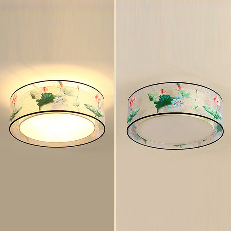 Traditional Classic Geometric Flush Mount Wrought Iron Indoor Ceiling Light with Fabric Shade