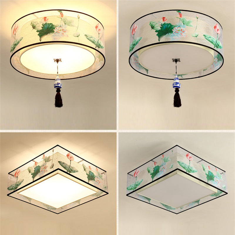 Traditional Classic Geometric Flush Mount Wrought Iron Indoor Ceiling Light with Fabric Shade