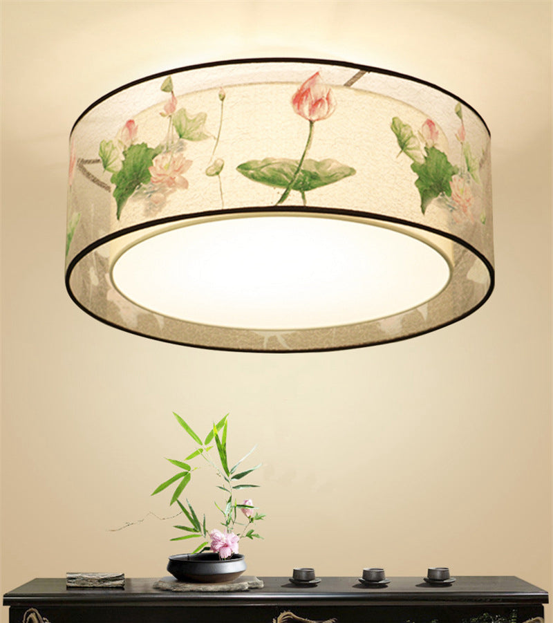 Traditional Classic Geometric Flush Mount Wrought Iron Indoor Ceiling Light with Fabric Shade