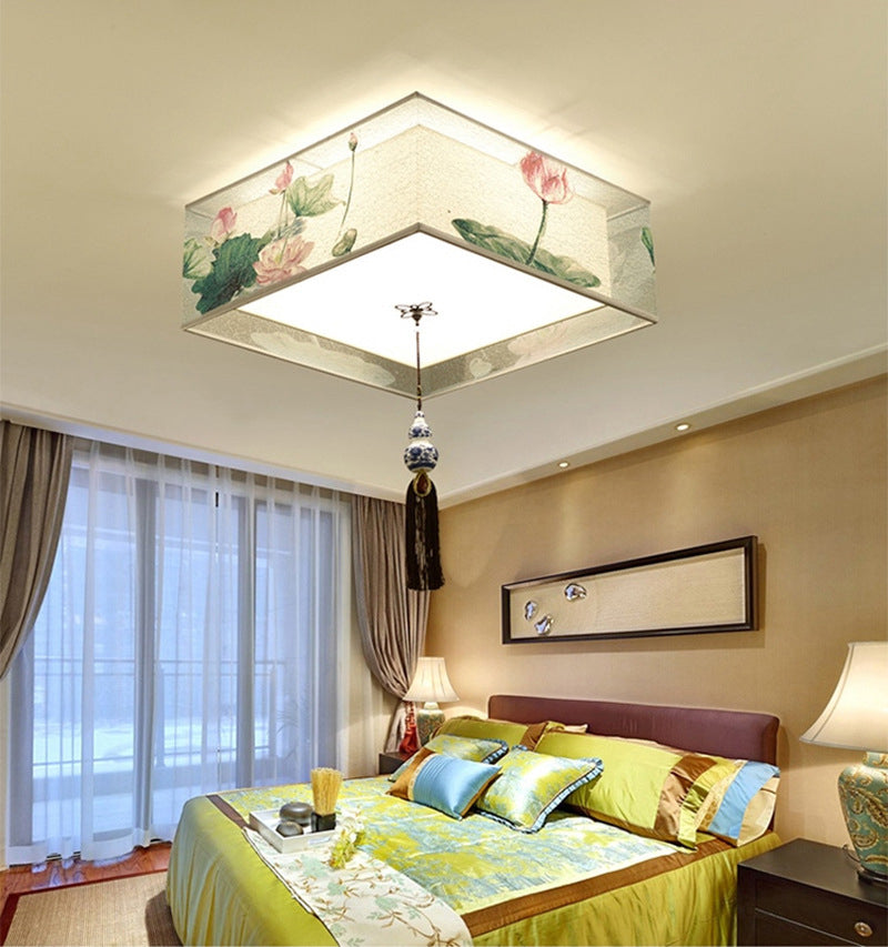 Traditional Classic Geometric Flush Mount Wrought Iron Indoor Ceiling Light with Fabric Shade