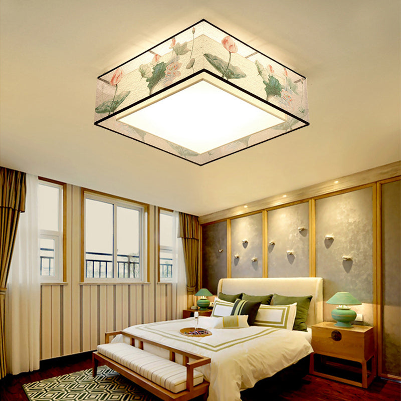 Traditional Classic Geometric Flush Mount Wrought Iron Indoor Ceiling Light with Fabric Shade