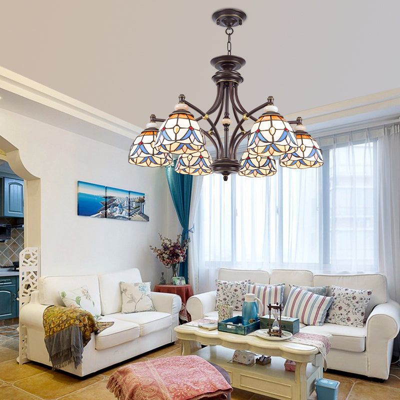 White/Clear Glass Domed Shade Chandelier Light Fixture Mediterranean 3/5/8 Lights Suspension Lamp
