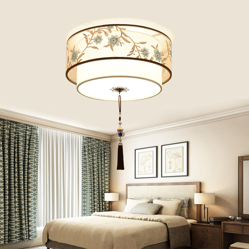 Geometric LED Ceiling Light in Traditional Classic Style Wrought Iron Flush Mount with Embroidered Fabric Shade