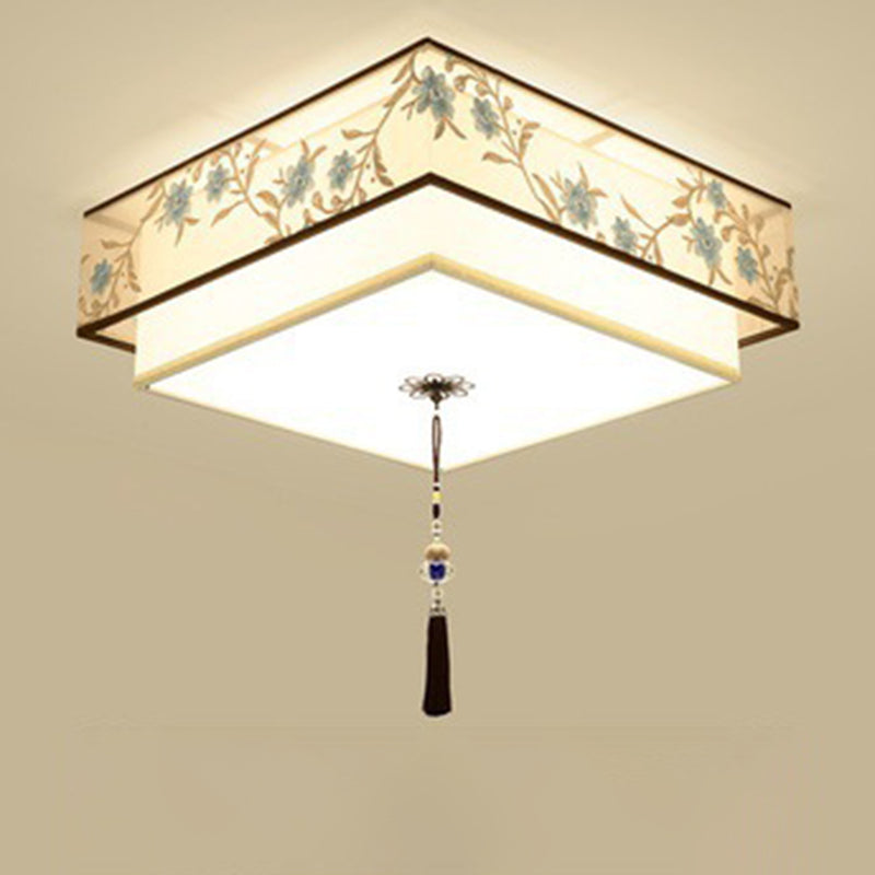 Geometric LED Ceiling Light in Traditional Classic Style Wrought Iron Flush Mount with Embroidered Fabric Shade
