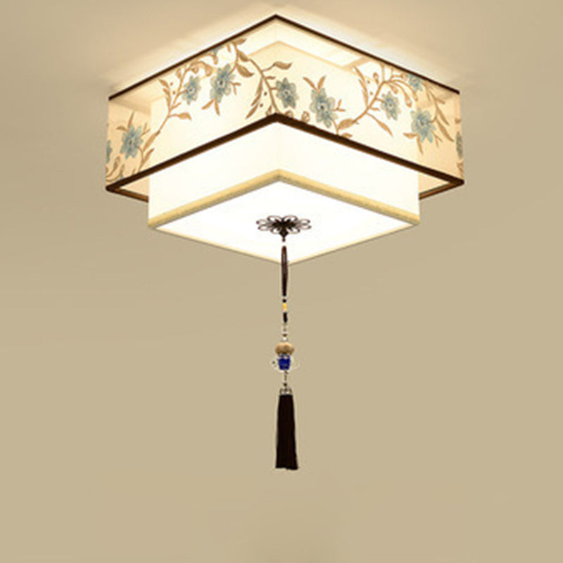 Geometric LED Ceiling Light in Traditional Classic Style Wrought Iron Flush Mount with Embroidered Fabric Shade