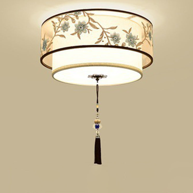 Geometric LED Ceiling Light in Traditional Classic Style Wrought Iron Flush Mount with Embroidered Fabric Shade