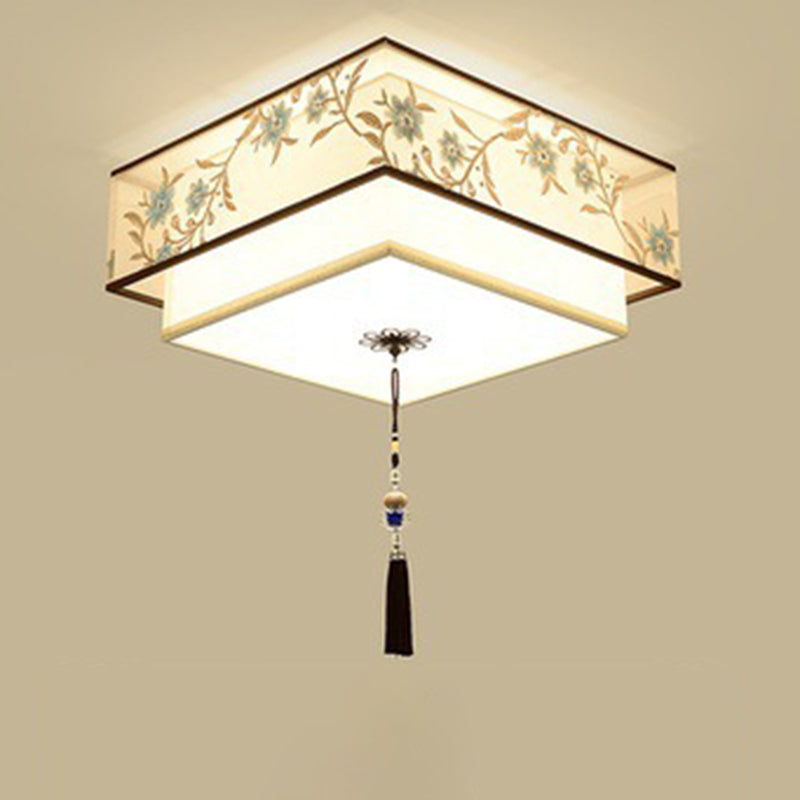 Geometric LED Ceiling Light in Traditional Classic Style Wrought Iron Flush Mount with Embroidered Fabric Shade