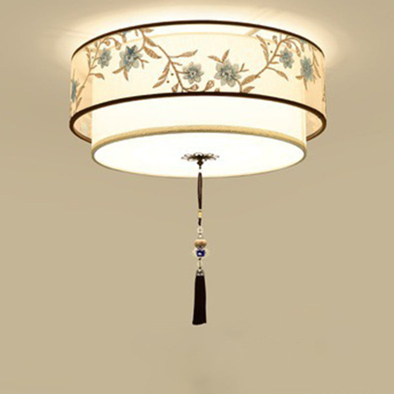 Geometric LED Ceiling Light in Traditional Classic Style Wrought Iron Flush Mount with Embroidered Fabric Shade