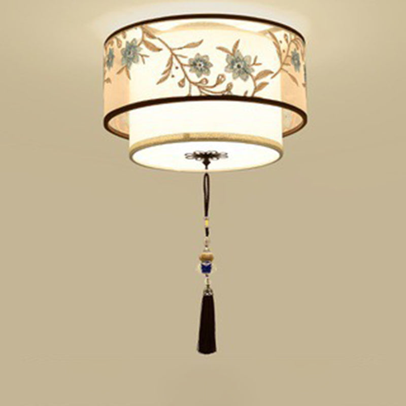 Geometric LED Ceiling Light in Traditional Classic Style Wrought Iron Flush Mount with Embroidered Fabric Shade