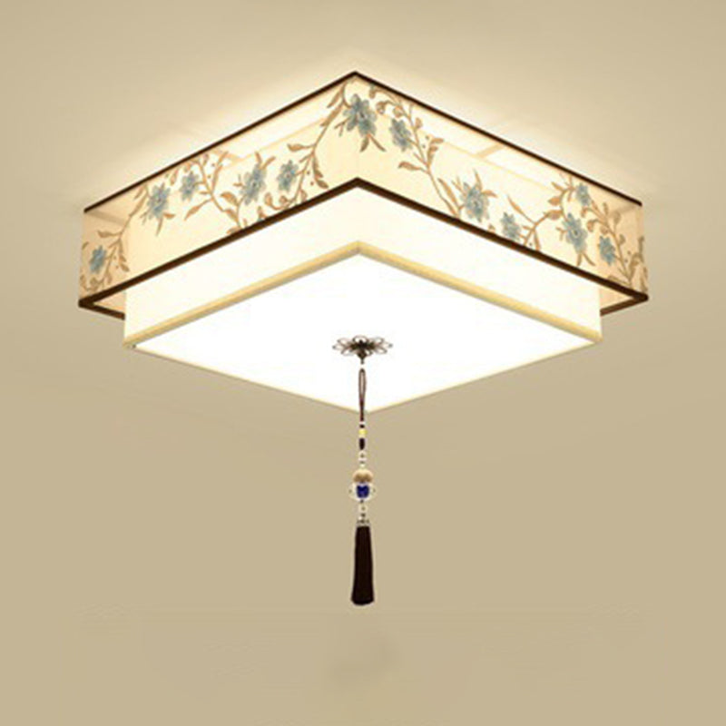 Geometric LED Ceiling Light in Traditional Classic Style Wrought Iron Flush Mount with Embroidered Fabric Shade