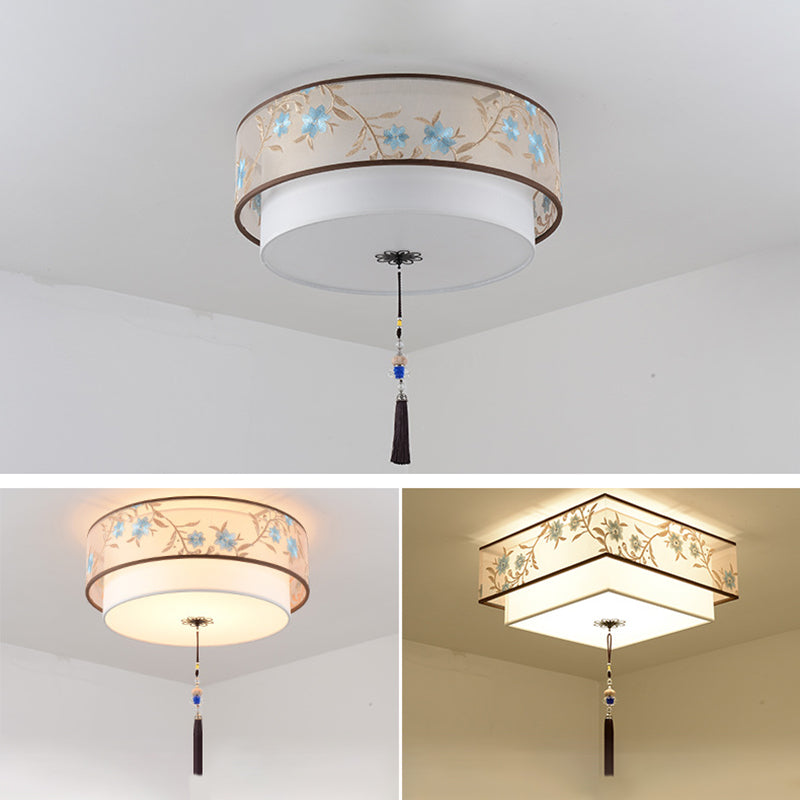 Geometric LED Ceiling Light in Traditional Classic Style Wrought Iron Flush Mount with Embroidered Fabric Shade