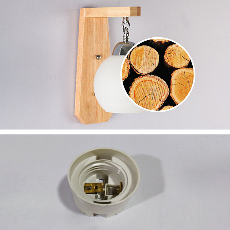 Luz de pared de globo de vidrio de leche con lámpara de pared contemporánea de bombilla de madera en blanco para dormitorio