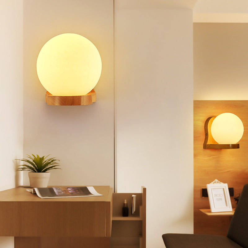 5.5" H Single Bulb Simplicity Wall Mount Light Nordic Style Glass Globe Sconce Light with Solid Wood Base