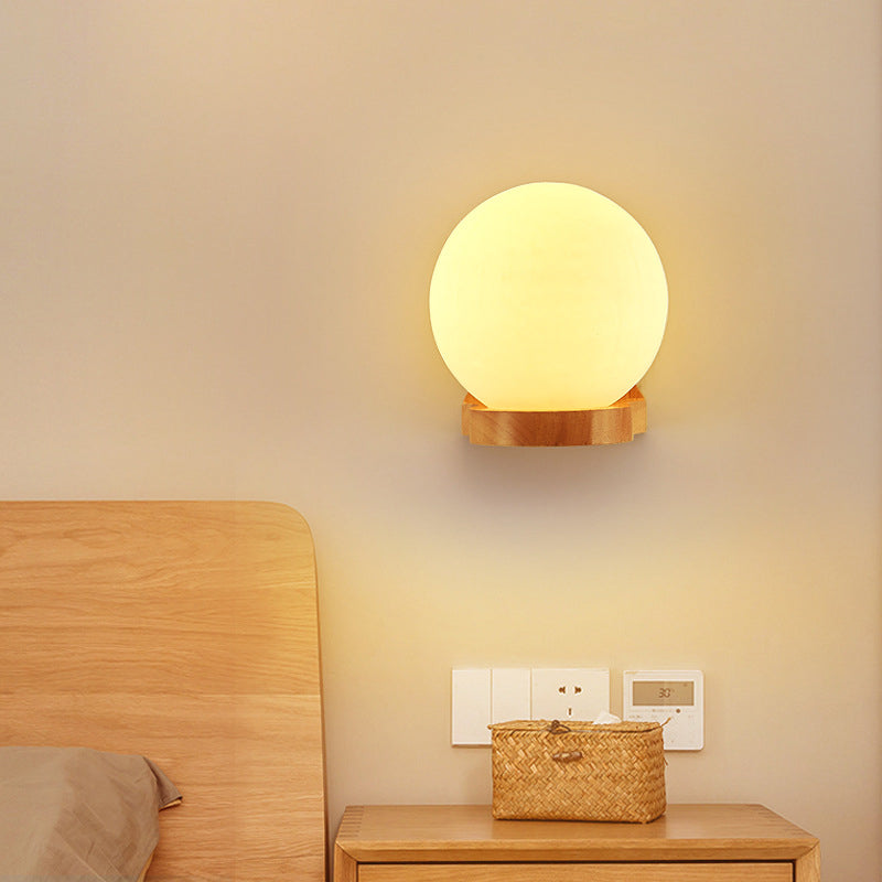 5.5" H Single Bulb Simplicity Wall Mount Light Nordic Style Glass Globe Sconce Light with Solid Wood Base