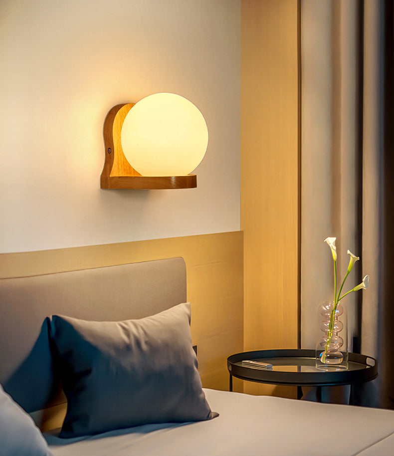 5.5" H Single Bulb Simplicity Wall Mount Light Nordic Style Glass Globe Sconce Light with Solid Wood Base