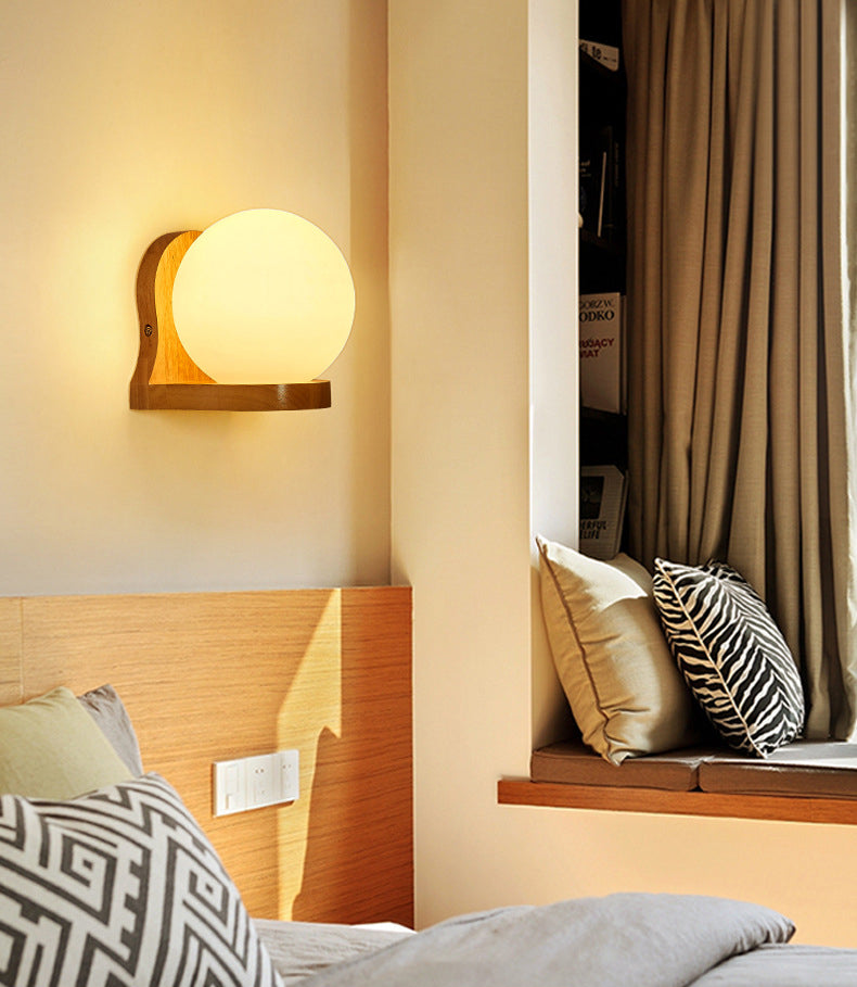 5.5" H Single Bulb Simplicity Wall Mount Light Nordic Style Glass Globe Sconce Light with Solid Wood Base
