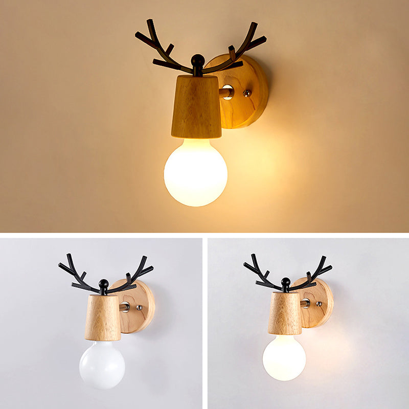 Creative Antler Mini Wall Lamp Nordic Style Solid Wood Simplicity Scone Light for Bedside