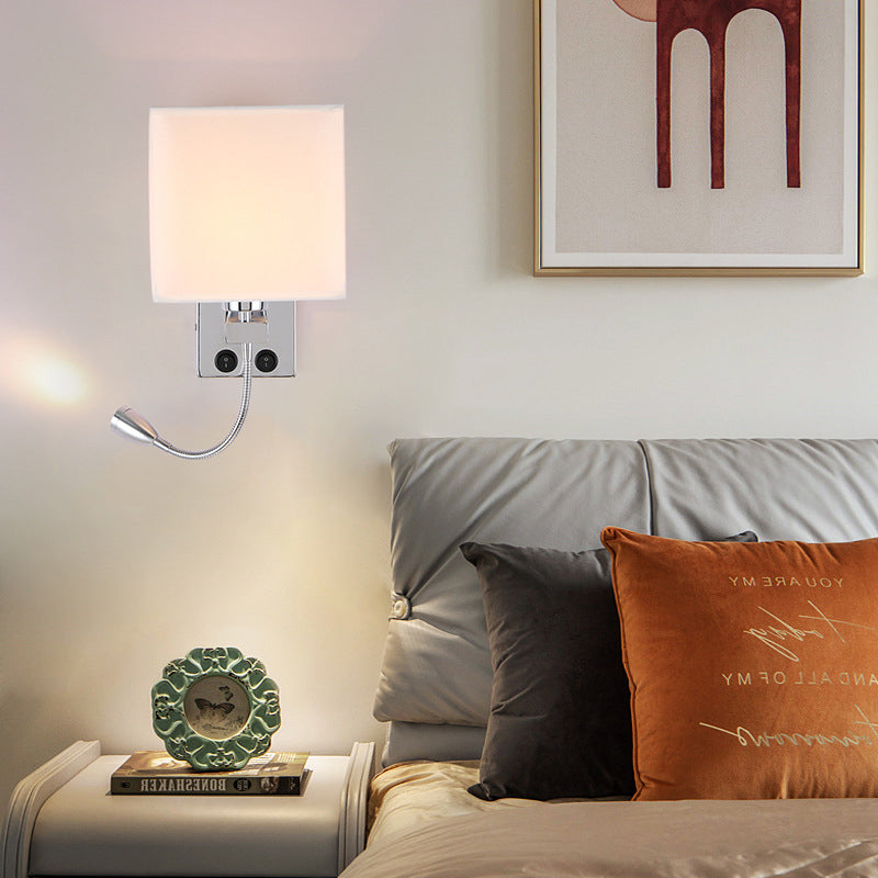 Square Fabric Shade Simplicity Wall Sconce Adjustable LED Spotlight Design Bedside Reading Lamp in Sliver