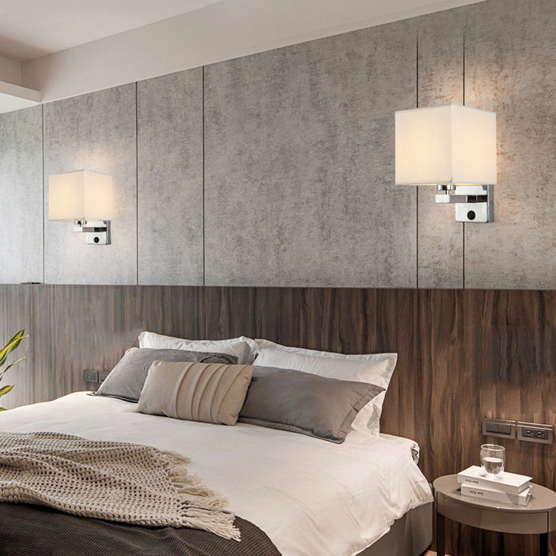 Square Fabric Shade Simplicity Wall Sconce Adjustable LED Spotlight Design Bedside Reading Lamp in Sliver