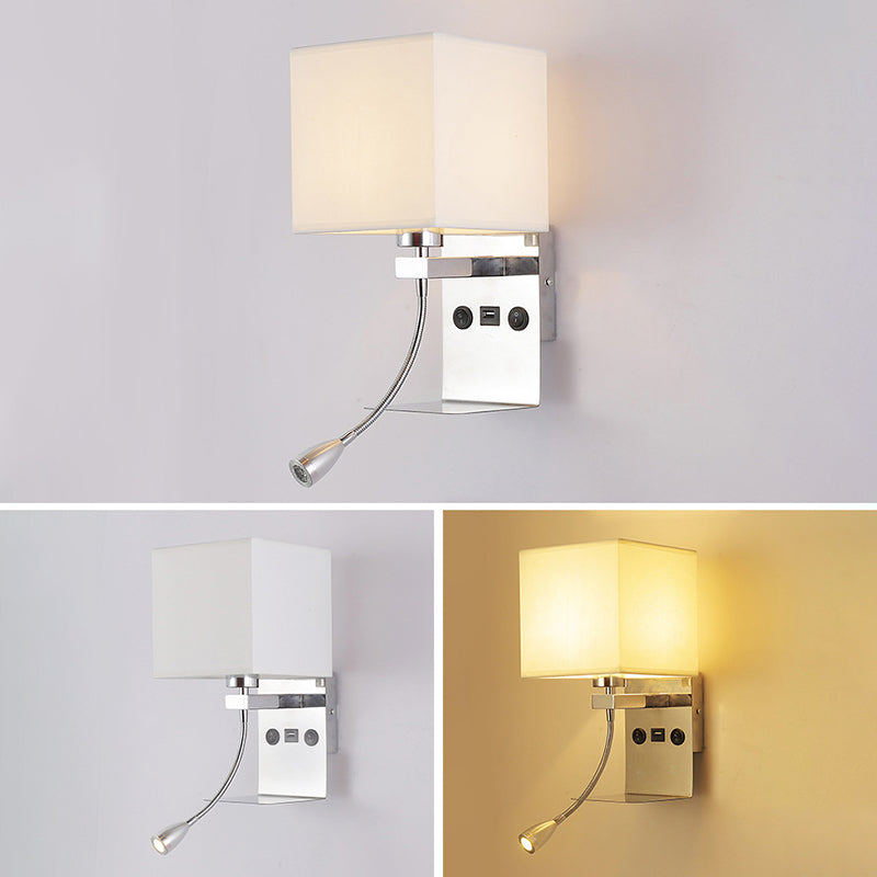 Square Fabric Shade Simplicity Wall Sconce Adjustable LED Spotlight Design Bedside Reading Lamp in Sliver