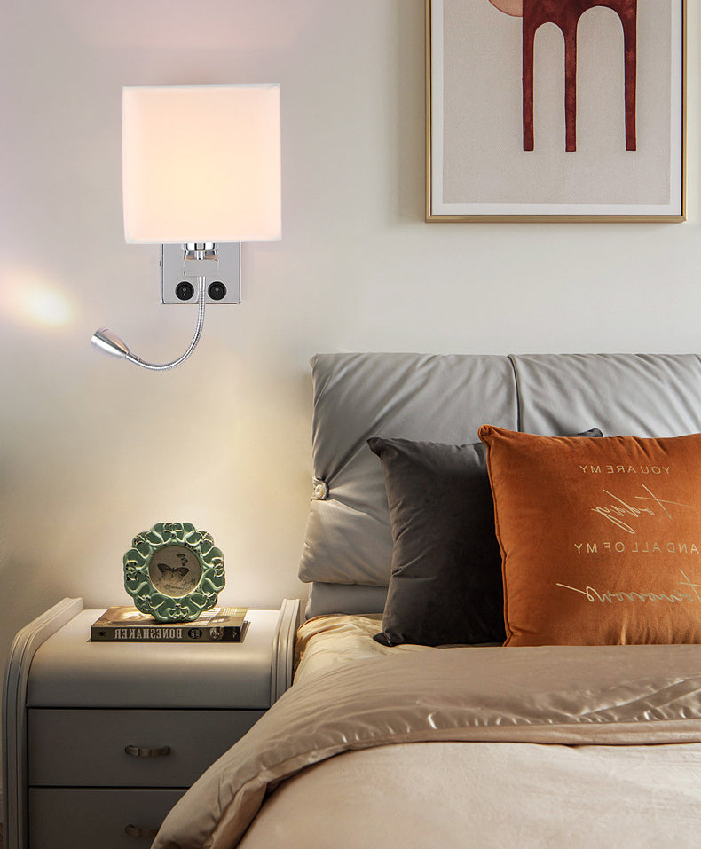 Square Fabric Shade Simplicity Wall Sconce Adjustable LED Spotlight Design Bedside Reading Lamp in Sliver