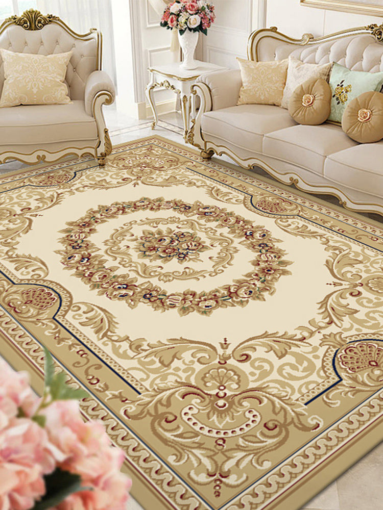 Gelb Ton Blumendruck Teppich Polyester Traditioneller Anti-Rutsch-Rücken-Innenteppich für Wohnzimmer