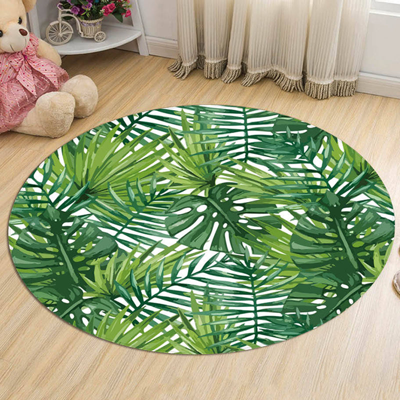 Green Leaves Pattern Rug Modern Fresh Round Carpet Flannel Non-Slip Backing Rug for Living Room