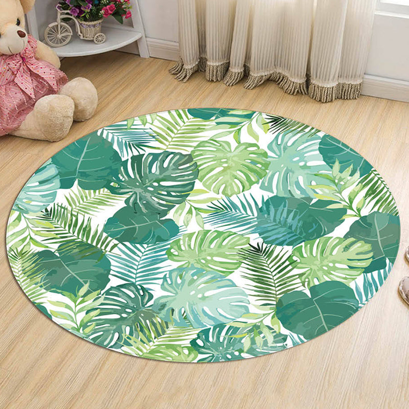Green Leaves Pattern Rug Modern Fresh Round Carpet Flannel Non-Slip Backing Rug for Living Room