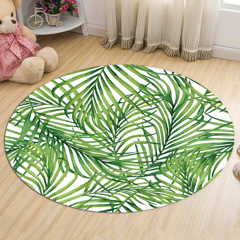 Green Leaves Pattern Rug Modern Fresh Round Carpet Flannel Non-Slip Backing Rug for Living Room