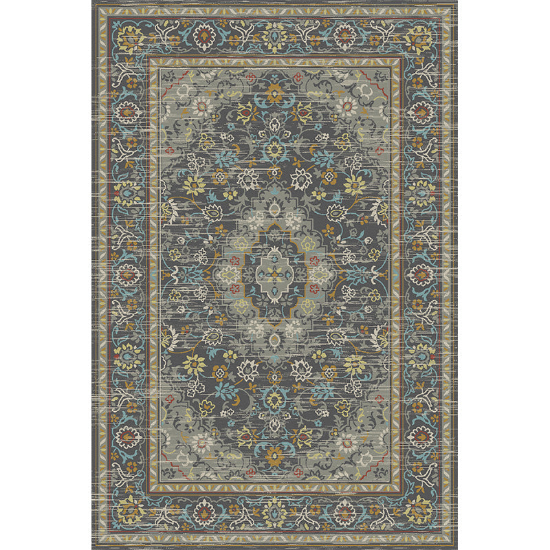Grey Tone Vintage Area Rug Polyester Medallion Rug Non-Slip Backing Indoor Rug for Living Room