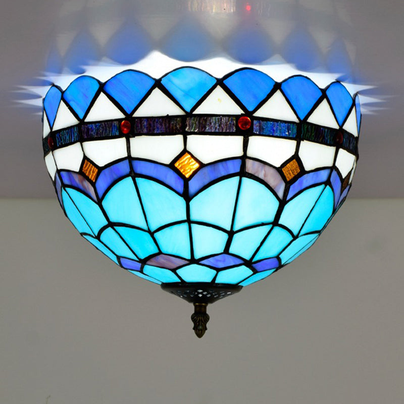 Blue 2/3 Bulbs Ceiling Mount Light Fixture Mediterranean Hand Rolled Art Glass Bowl Flush Mount Lighting, 12"/16" W