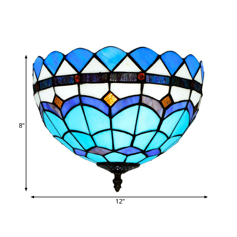 Blue 2/3 Bulbs Ceiling Mount Light Fixture Mediterranean Hand Rolled Art Glass Bowl Flush Mount Lighting, 12"/16" W