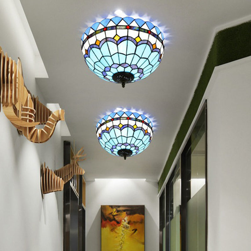 Blue 2/3 Bulbs Ceiling Mount Light Fixture Mediterranean Hand Rolled Art Glass Bowl Flush Mount Lighting, 12"/16" W