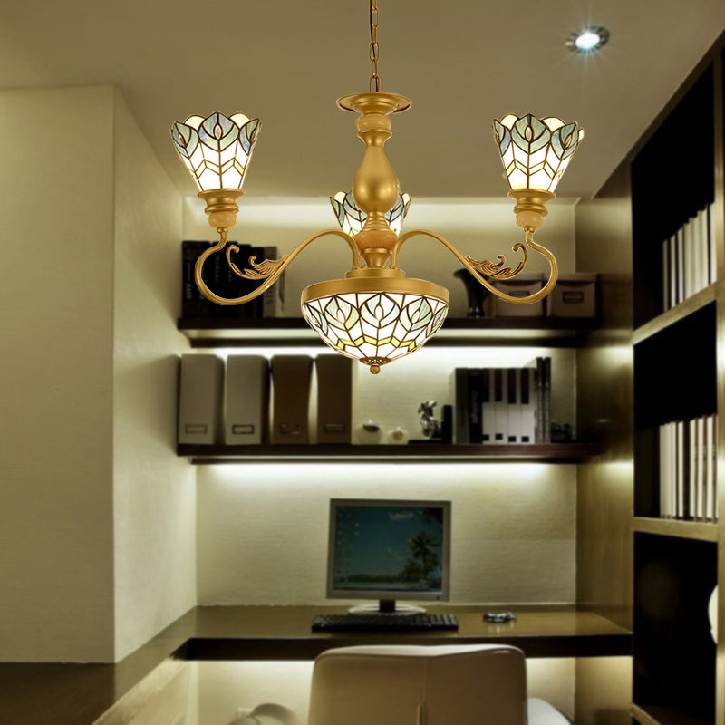 Tiffany Peacock Feather Chandelier Lighting 3/5/6 Lights Stained Glass Suspension Light in Gold for Living Room
