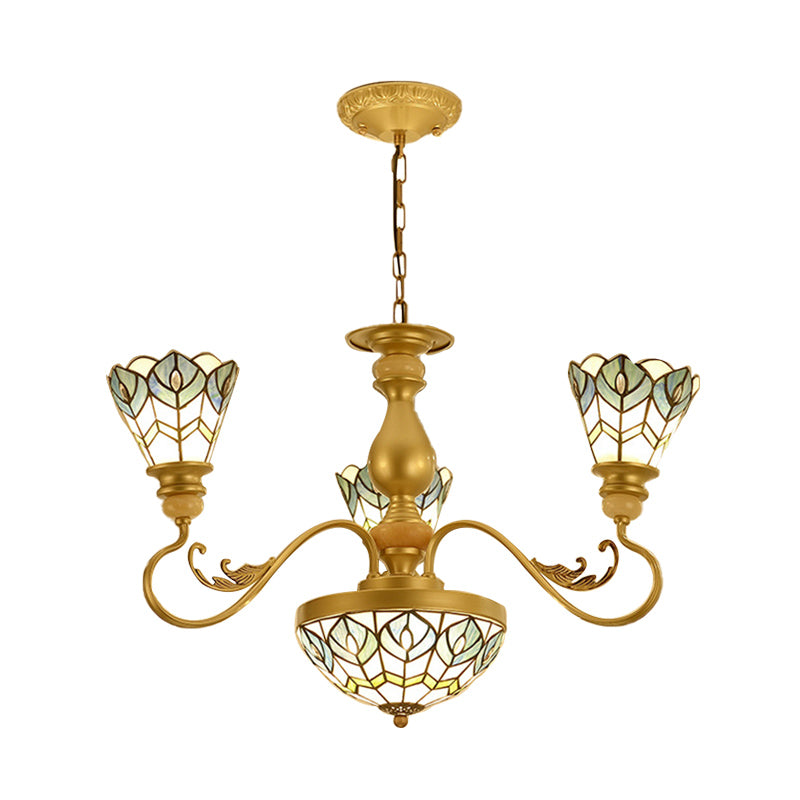 Tiffany Peacock Feather Chandelier Lighting 3/5/6 Lights Stained Glass Suspension Light in Gold for Living Room