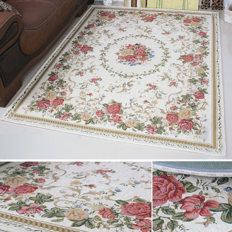 White Tone Victorian Area Carpet Polyester Floral Printed Indoor Rug Anti-Slip Backing Carpet for Living Room