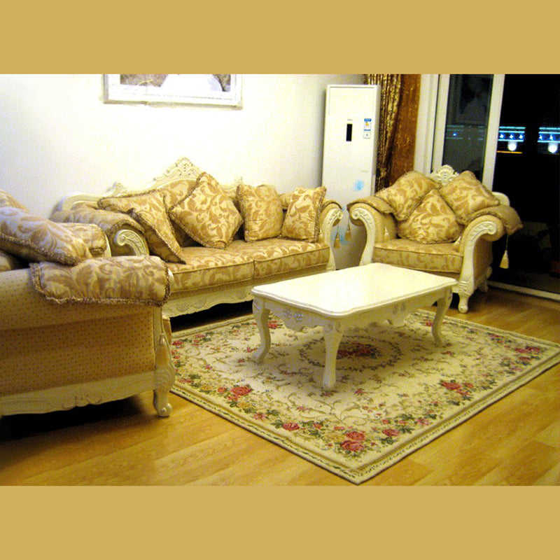White Tone Victorian Area Carpet Polyester Floral Printed Indoor Rug Anti-Slip Backing Carpet for Living Room