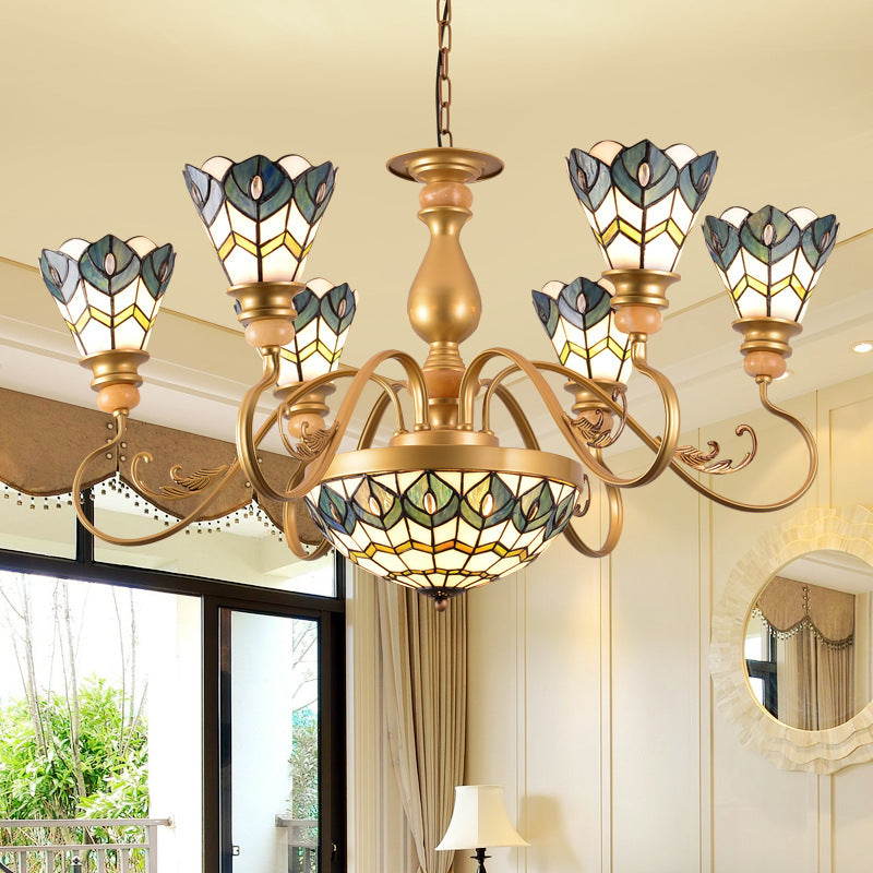 Tiffany Peacock Feather Chandelier Lighting 3/5/6 Lights Stained Glass Suspension Light in Gold for Living Room