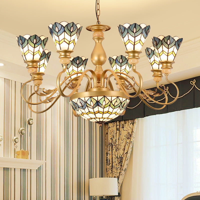 Tiffany Peacock Feather Chandelier Lighting 3/5/6 Lights Stained Glass Suspension Light in Gold for Living Room