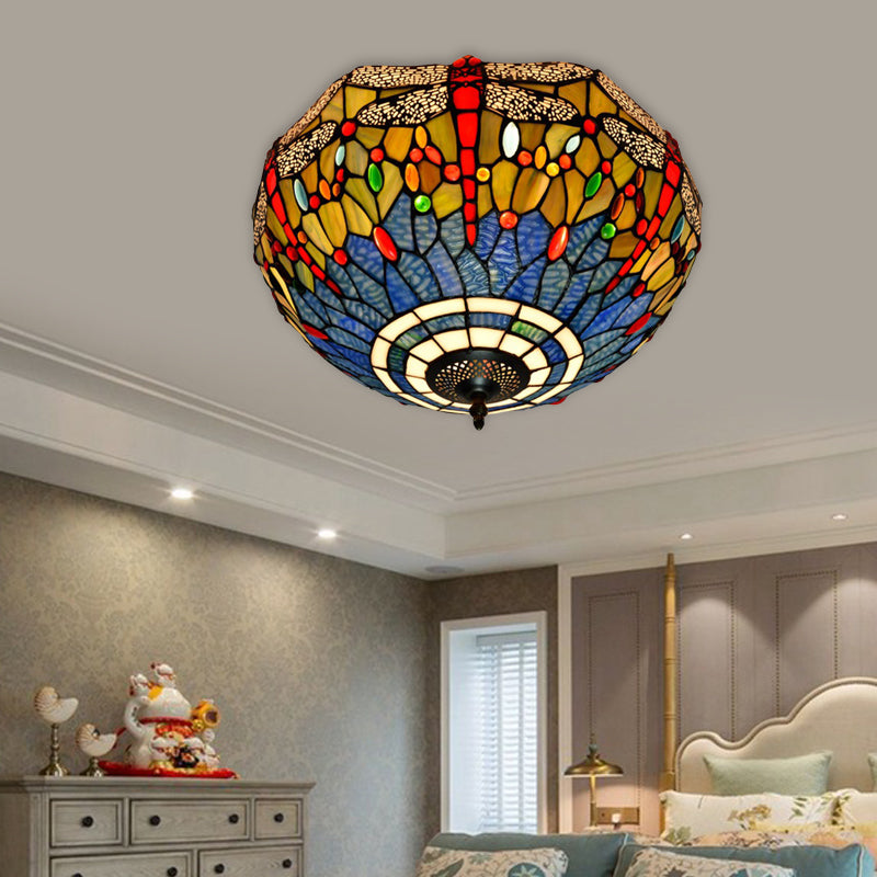 3 Heads Living Room Ceiling Mounted Fixture Tiffany Red/Yellow/Orange Flush Mount Lamp with Dragonfly Stained Glass Shade