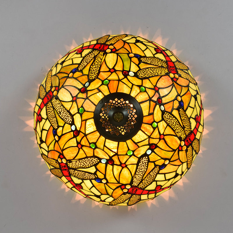 Plafonnier en verre taillé libellule, style Tiffany, 3 têtes, luminaire encastré en Bronze
