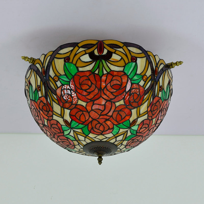 Brass 5 bulbes semi-flush Mount Éclairage victorien Verre d'art roulé à la main Rose près du plafond de plafond